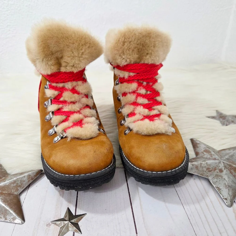 J. Crew Nordic boots pecan brown leather shearling lined red laces women's sz 7